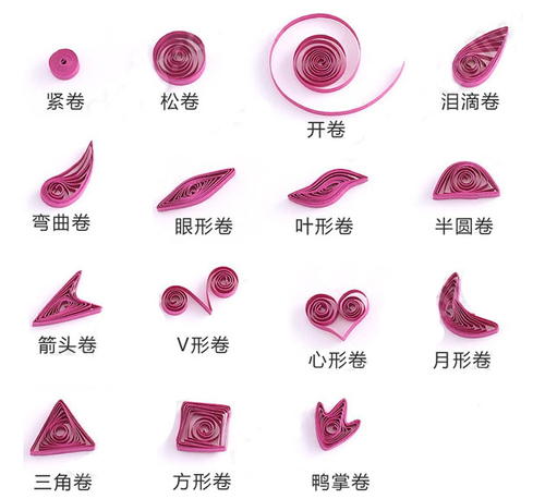 常见的衍纸形式如下图: 第二步:按照线稿将衍纸卷制作出来,在